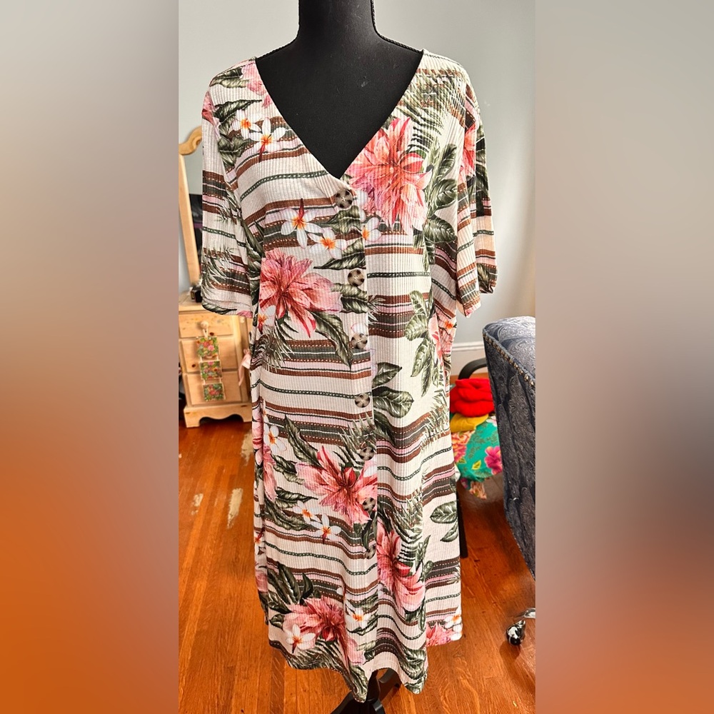 Floral Dress, Ribbed, Floral, XL, Size 14-16- Made in Brazil